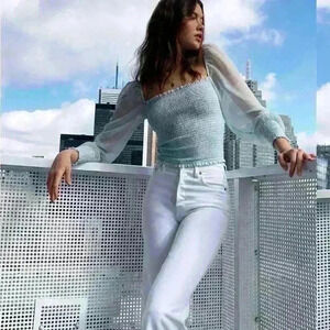 Wilfred Aritzia  Saga Smocked Blouse Aura Blue Light Glow size XXS